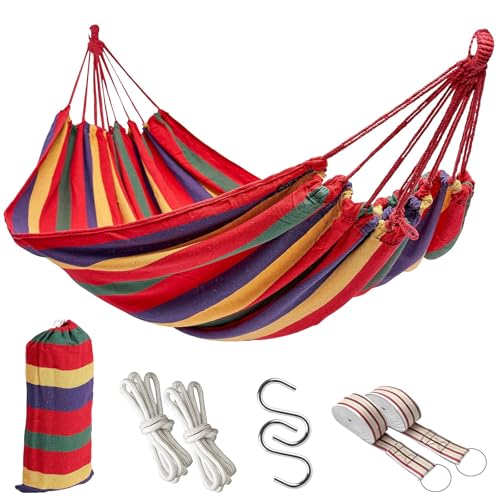 Outdoor Single/Double Hammock Garden Camping Canvas Hammock Hanging Bed Swing 2 ropes 2 straps and 2 S-shaped hooks 260x80cm (Red, Single)