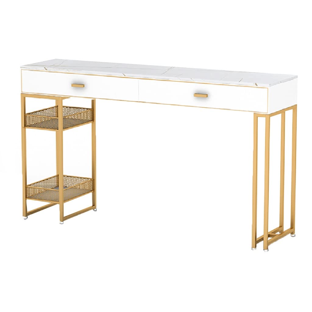 Console Table, Console Table, Rock Slab Bar Table 2-Tier Storage Hallway Table, Metal Sturdy Frame Console Table With 2 Drawer, Home Living Room Entrance Partition Table (Color : White, Size : 180 * 4