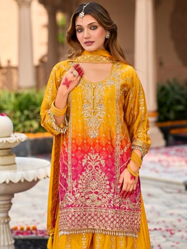Image of INDO ERA Women's Silk Blend Embroidered Straight Kurta & Palazzo with Dupatta Set (IEOUT10598)