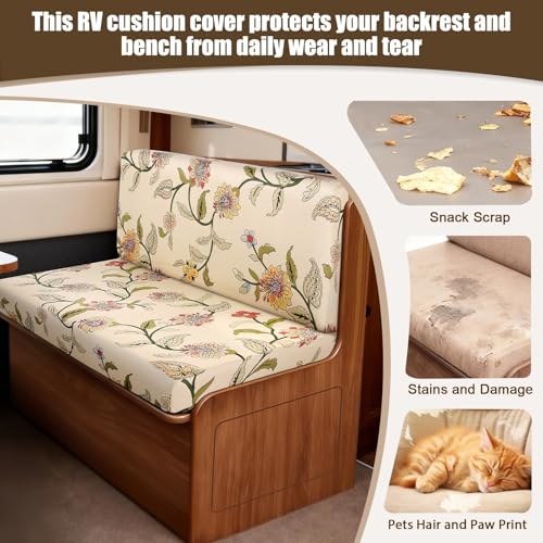 Image of SearchI RV Dinette Cushion Covers, Stretch Camper Cushion Slipcovers for Travel Trailer Couch RV Booth Seat, Replacement Camper Sofa Chair Protector (2 Backrest Cover & 2 Bench Cover, Yellow+Flower)