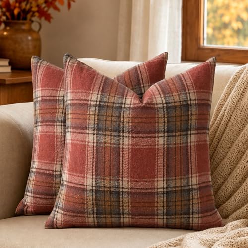 KUYZT Cotton Linen Plaid Pillow Covers Rust