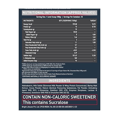 Image of MuscleBlaze Super Gainer Xxl Powder (Chocolate Bliss,1 Kg / 2.2Lbs,10 Servings)|Muscle Mass High Protein Gainer,1 Count