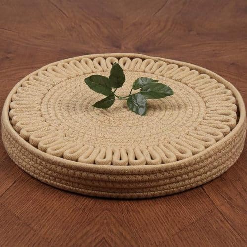 GRATIFY Cotton Rope Placemat & Coaster Set | Natural Beige Round Woven Design | 6 Placemats + 6 Coasters with Stand | Eco-Friendly, Heat Resistant, Washable (Beige with Border)-image-2