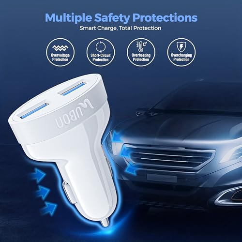 Image of Ubon CH85 20W Dual USB Car Charger with Micro USB Cable | Fast Charging Car Adapter | Overheat & Overvoltage Protection | Compact & Durable Design | Compatible with All Smartphones & Devices (White)