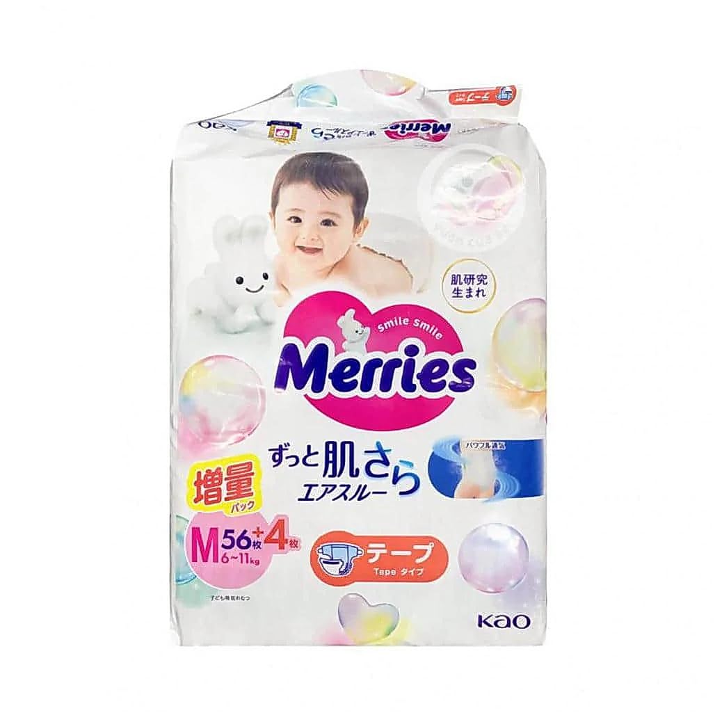 Merries Tipo de cinta, tamaño mediano, 6-11 kg (hasta 24 libras), unisex, 56+4 unidades, paquete económico, fabricado en Japón
