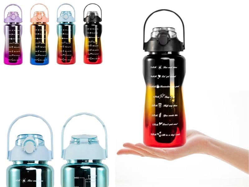 Image of Motivational Water Bottles with Times to Drink for Fitness 2000 ml Bottle Multicolor Silicone BPA Free Plastic with Straw