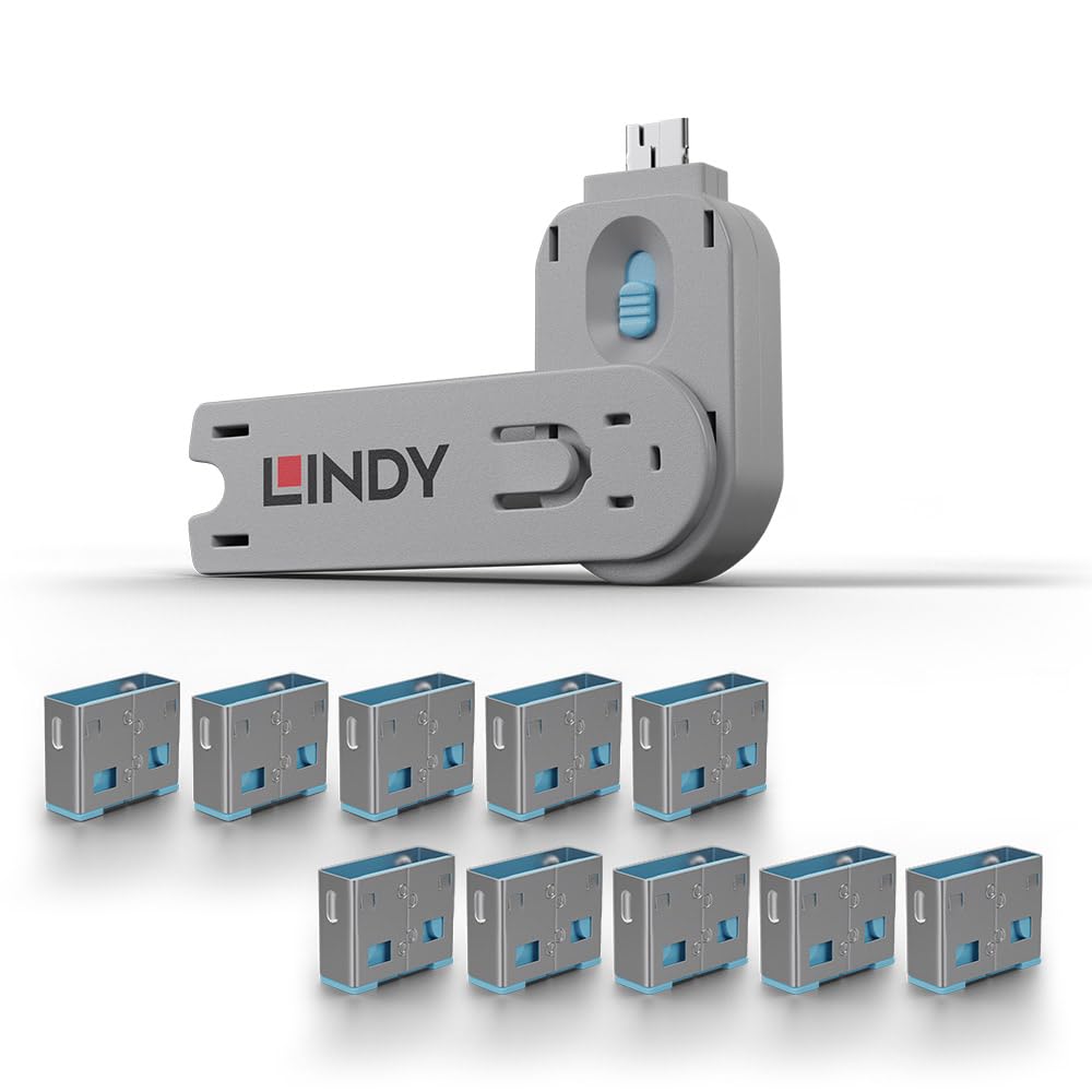 Lindy USB Type A Port Blocker- Pack of 10 Blockers + Key, Blue