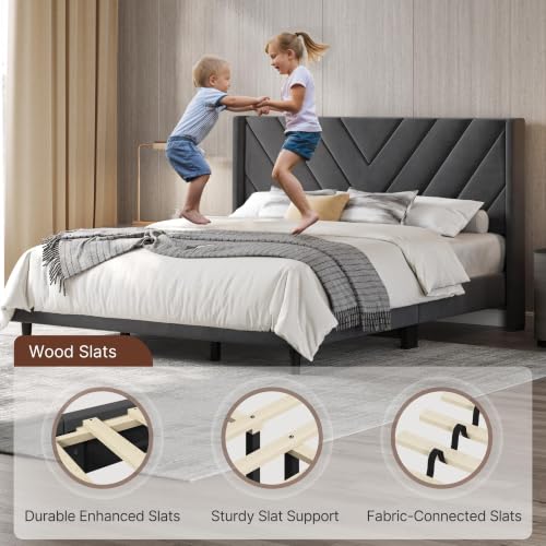 Image of Yaheetech King Bed Frame Upholstered Platform Bed /Wooden Slat Support /Tufted Headboard with Wing Side /Mattress Foundation /No Box Spring Needed,Dark Gray King