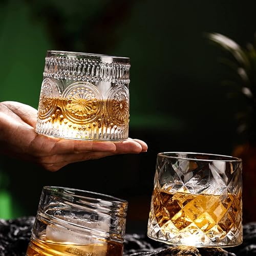 Image of Whiskey Glasses Set of 6 pcs- 300 ml Bar Glass for Drinking Bourbon, Whisky, Scotch, Cocktails, Cognac- Old Fashioned Cocktail Tumblers (6, Rotating Embossed)