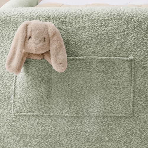 Image of KEIKI Twin Size Upholstered Platform Bed Frame with Guardrail, Slats, Cyan | Boucle Platform Bed with Cute Rabbit Ear Shaped Headboard, Pocket, for Boys and Girls, No Box Spring Required, Easy Assembly