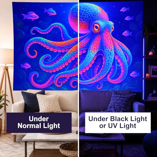 Image of BlissYard Neon Octopus Black Light Tapestry UV Reactive Psychedelic Ocean Deep Sea Wall Hanging for Living Room Bedroom Dorm Room Bar Party Decor 78x59 Inch