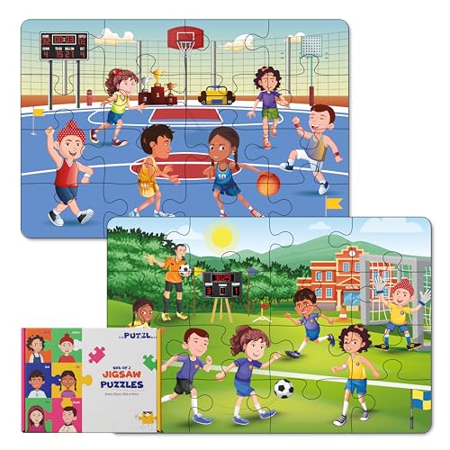 Image of Set of 2, 24 Piece Sports Theme Jigsaw Puzzles for Kids Age 4+ Years | Basketball & Football | Big Floor Puzzle (18 inchx12 inch) with Activity Sheets|Educational Toys | Unique Birthday Gift