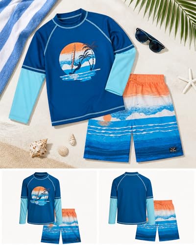 Image of Big Chill Boys Rash Guard Set - 2 Piece UPF 50+ Boys Swim Trunks & Long Sleeve Boy Swim Shirt Youth Bathing Suit Swimwear Set