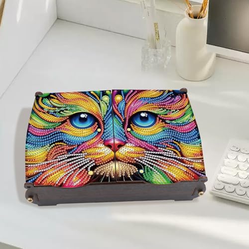 Image of MVVMTOP Diamond Painting Kit Wooden Storage Box, Colorful cat DIY Special Shaped Diamond Flip Cover Wooden Money Box, Handmade Art Desktop Decorations Birthday Gifts for Friends