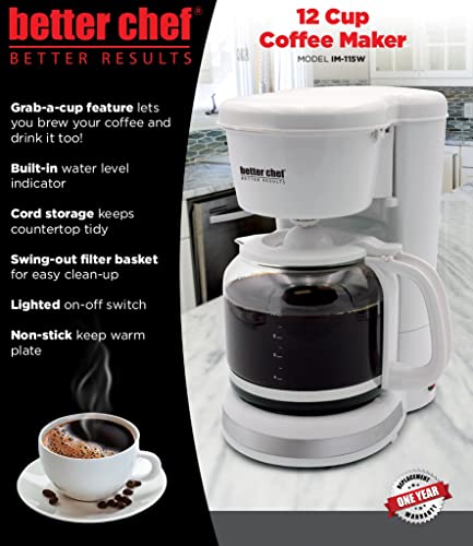 Image of Better Chef Basic Coffee Maker | 12-Cup | Pause-N-Serve | Brushed Metal Trim (White)