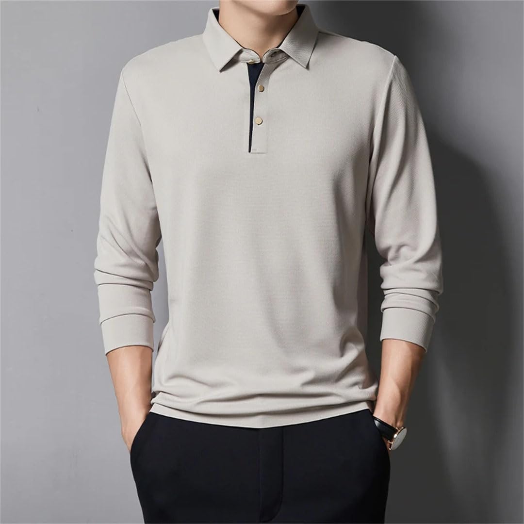 Polo de manga larga para hombre, con solapa, con botones, elástico, no deja rastro