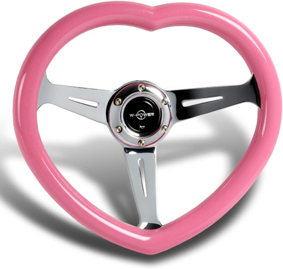 W-Power,13.5" Universal 343mm 6 Bolt Hole 3-Inche Deep Dish Aluminum Polished Heart-Shaped with Wood Grip Steering Wheel, Black Horn Button JDM Euro VIP Style, 3-Spoke (Pink)