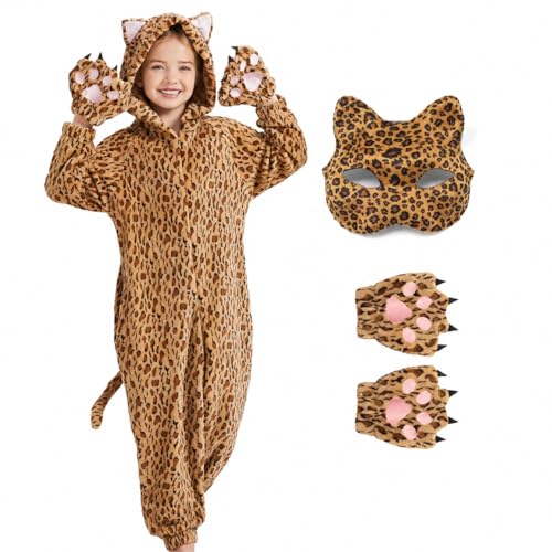 Ezuwail Combinaison Guépard Enfants Pyjama Léopard Déguisement Animal Léopard Halloween Cosplay Carnaval Costume pour Filles Garçons (120)