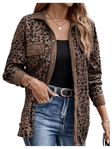 SOLY HUX Women's Leopard Print Jacket Button Down Long Sleeve Shacket Fall Jacket Outerwear