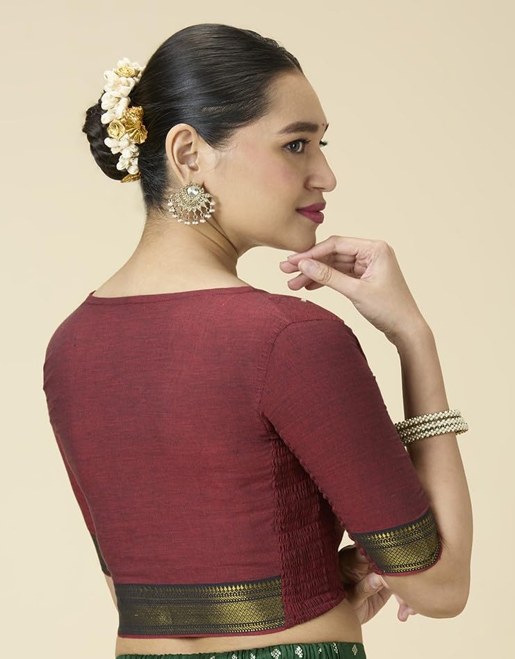 Image of Studio Shringaar Women's Handloom Cotton Stretchable (Smocked) Saree Blouse with Temple Zari Border