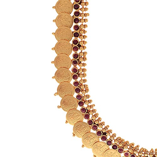 Image of ZENEME Jewellery Set Gold Plated Long Traditional Maharani Beads Studded Temple Coin Necklace Set with Earrings Jewellery For Women & Girls