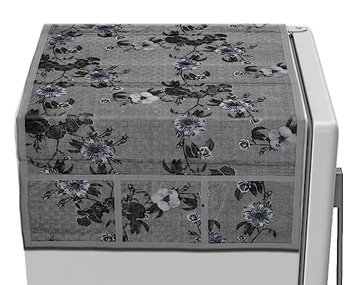 Image of Kuber Industries Floral Print Fridge Cover With Side Pockets|Fridge Top Cover|Refrigerator Cover|Washable Cotton Material|6 Utility Pockets (Grey)