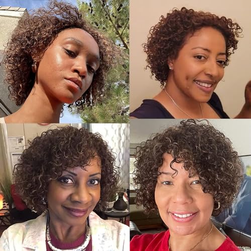 Morichy Kinky Curly Wigs for Women Human Hair Wig Chocolate Brown Mix Medium Auburn Curly Human Hair Wigs for Black Women Glueless 4/30 Color Short Wigs for Women 130% Density Brazilian Real Hair - Image 2