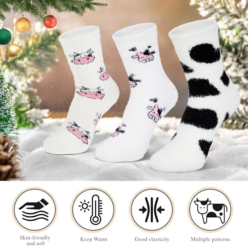 Foaincore 3 Pairs Fuzzy Cow Socks for Women Cow Print Stuff Chunky Hose Cute Winter Fluffy Cozy Slipper Socks Warm Funny Animal Hose Gifts for Women Favors3