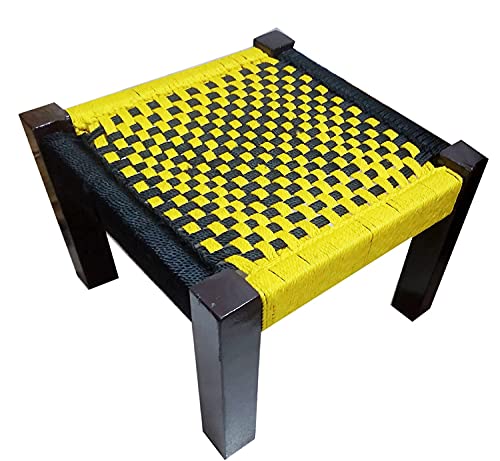 Handmakers ! Wooden Chowki with Yellow and Black in Chess Board Design (16x16X12) Inches