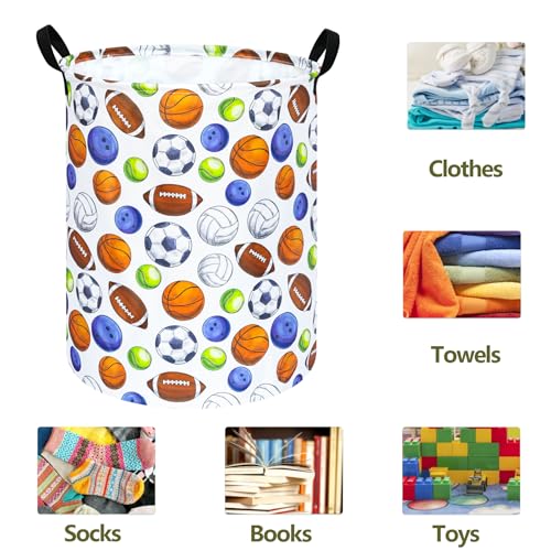 Image of 19.7 inch Round Kids Laundry Basket Gift Baskets Storage Laundry Hamper Toys Nursery Bin with Handles,Storage Basket for Childrens Room Bedroom Decor (BALLS)