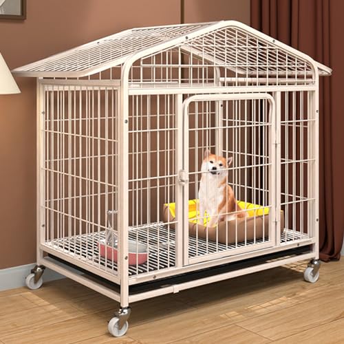 Haustierkäfig- robuste Hundehütte aus Metallrohr mit feststellbaren Rädern, Futtertür und abnehmbarem Tablett, Design für den Innen- und Außenbereich