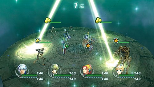 In-game combat scene with multiple characters and enemies on a circular platform, showing health bars and attack indicators.