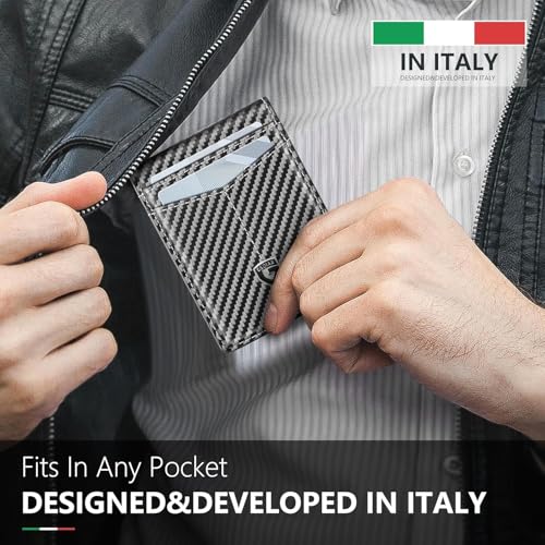 GSOIAX Slim Wallet for Men Leather Carbon Fiber RFID Blocking Minimalist Front Pocket Bifold mens Wallet with ID Window,12 Credit Card Holders with Gift Box (Carbon orange)4