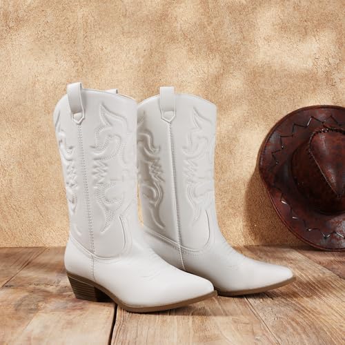 DREAM PAIRS Women's Cowboy Boots Pull On Cowgirl Boots Mid Calf Western Boots, Available in Regular and Wide Calf3