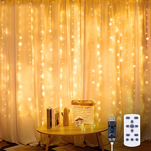 Preisvergleich Produktbild GLIME Lichterketten Vorhang 3x3m Lichtervorhang 300 LEDs Warmweiß Lichterkette Lichterkettenvorhang mit Fernbedienung, Timer, USB, 8 Lichtmodi für Weihnachten, Innen und Außen, Schlafzimmer Deko
