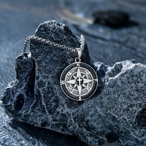 925 Sterling Silver Compass Necklace for Men, w/Stainless Steel Chain 22+2 Inch3