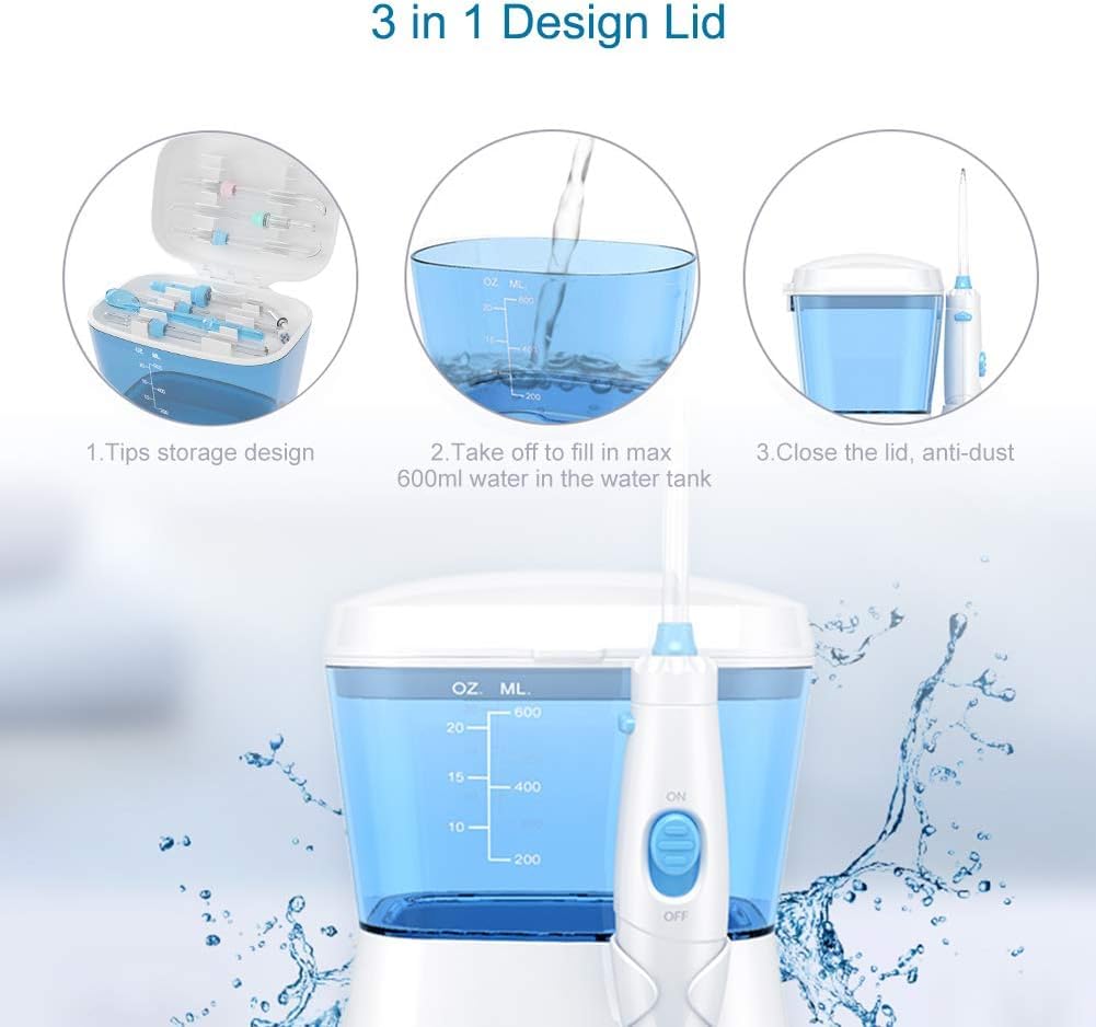 Irrigador bucal con hilo dental de 600 ml, 10 presiones ajustables, irrigador dental eléctrico para dientes/aparatos ortopédicos, 8 puntas de chorro de repuesto para la familia (blanco)
