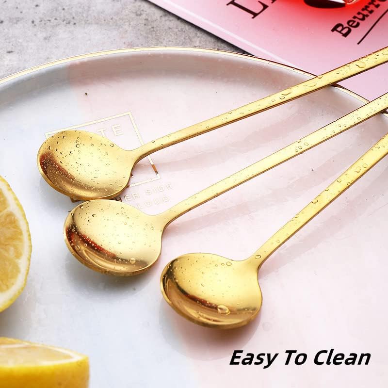 Miniatura 4 de YIFARUBE - Juego de 6 cucharas de acero inoxidable doradas cucharas de mango largo de 67 pulgadas mini cucharaditas para café azúcar helado postre