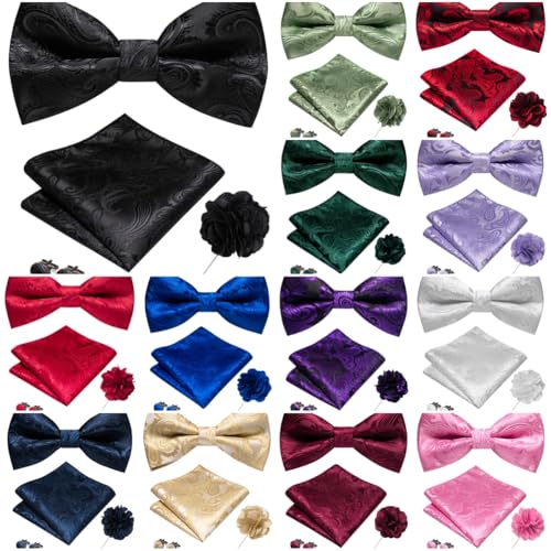 Image of RBOCOTT Paisley Bow Tie and Pocket Sqaure Set with Lapel Pin and Cufflinks for Men