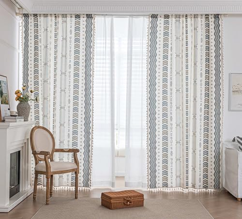 Image of Gray Geometric Curtains 102 Inches Long, Boho Farmhouse Light Filtering Rod Pocket Drapes with Tassel Trim for Bedroom Living Room, 2 Panels