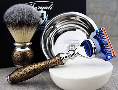 Haryali London 5 Pc Mens Shaving Kit 5 Edge Safety Razor With Synthetic Badger Hair Shaving Brush, Soap, Bowl and Alum Perfect Set For Men