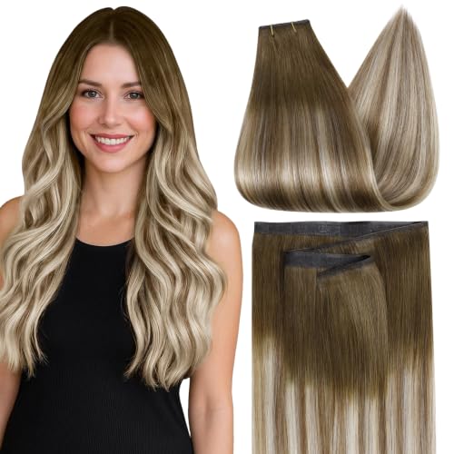 Image of Full Shine Hand Tied Tape in Extensions Human Hair, 50g 20 Inch | Brown to Ash Blonde Balayage, Human Hair Tape in Extensions with Hand Tied Weft, No Glue Design for Added Volume