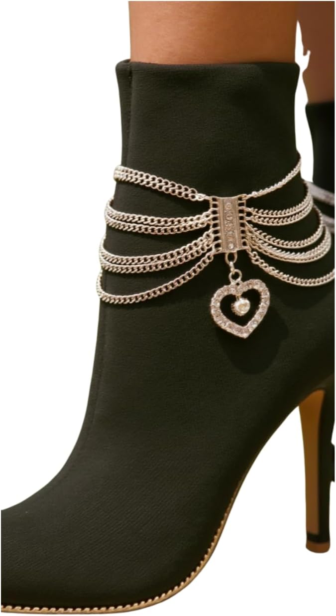 Women Fashion 2 Boot Bracelets Bling Metal Chain High Heel Link Love Heart Charm Silver A PAIR