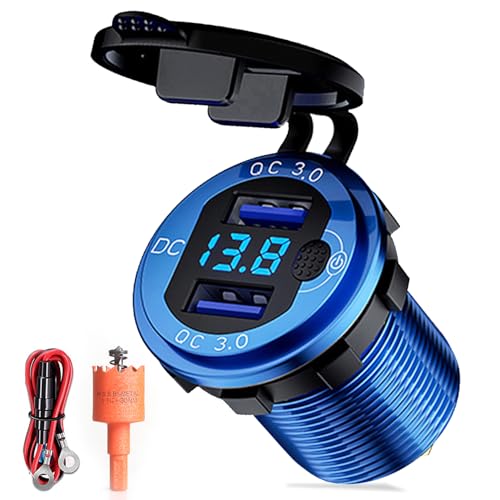 12V-24V USB Charger, Dual Port QC 3.0 Fast Charging, All Metal Body, Non-Slip Button Switch, Waterproof & Dustproof, Suitable for Vehicles, Motorcycles, Boats (1 Pcs USB Charger +1pcs Hole Saw)