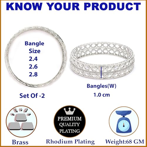 Image of ZENEME Rhodium Plated Silver Toned Oval Shaped White American Diamond Studded Bangles Set Of 2 For Women & Girls