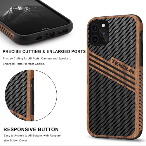 Coque iPhone 11 Pro Max étui hybride en bois carbone et cuir stripes