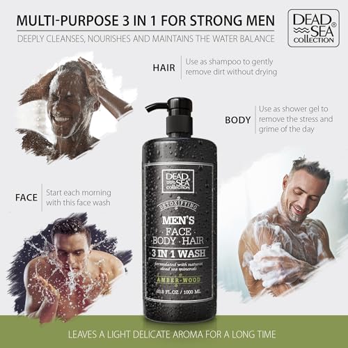 Dead Sea 3-in-1 Body Wash for Men – Amber Wood Cleanser for Body, Hair, and Face - 33.8 Fl. Oz.