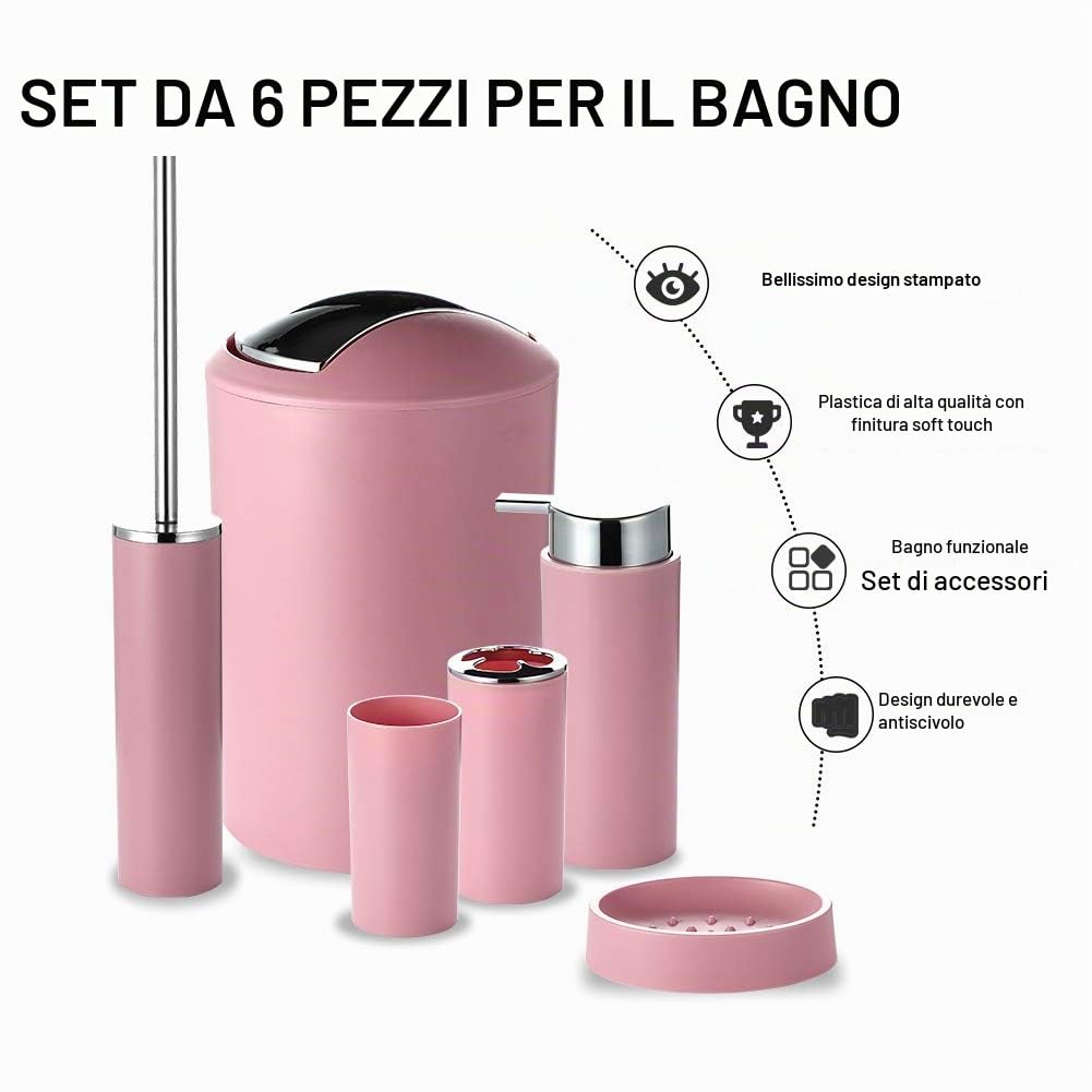 JOTOM Set di Accessori da Bagno Plastica da 6 Pezzi Set Bottiglia di Lozione da Bagno Tazza Spazzolino Portasapone Coppa del Dente(Rosa)