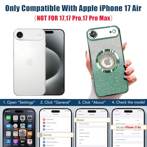 Image of Misscase for iPhone Air Magnetic Glitter Case Compatible with MagSafe,Full Protection Slim Shockproof Case with Camera Lens Protector Plating Bling Cover Case for iPhone 17 Air 6.5 inch Green
