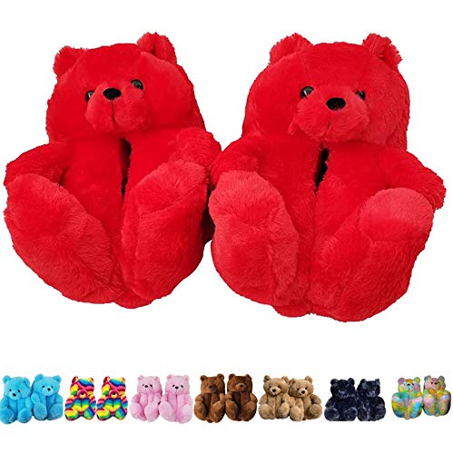 Teddy Bear Slippers Women Plush Home Indoor Winter Warm Slippers Anti-Slip (Red)